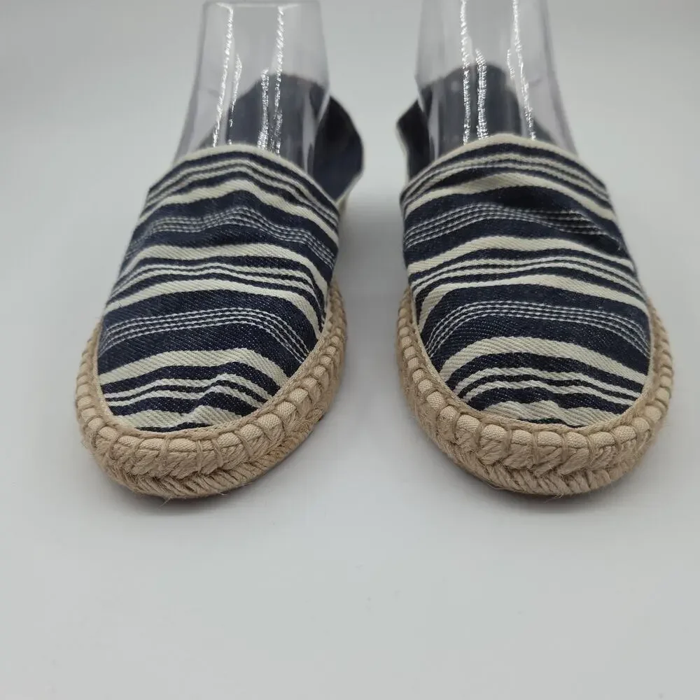 Tory Burch Espadrille Flats 9 Navy White Stripe Canvas Slip On Coastal‎ Preppy